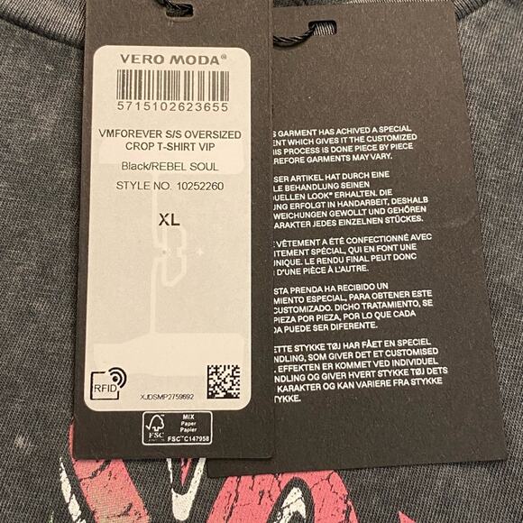 Vero Moda Womens XL Cropped Rocker Black Acid Washed Short Sleeve T-Shirt NWT - Picture 6 of 6